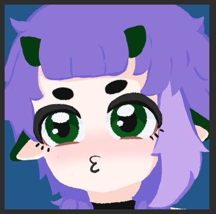 drawing of guy with shaggy purple hair and green crocodile nubs on their head