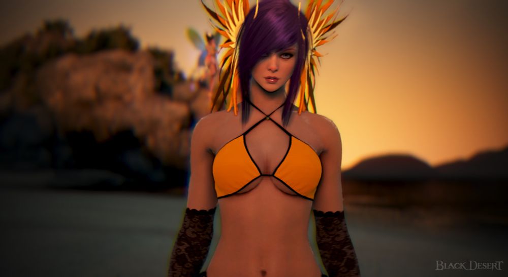 Portrait picture of a video game character, waist up, wearing only a yellow bikini top and black sleaves from the elbow down, standing on a beach with a large rock formation in the background, its sunset so the sky is an orange colour