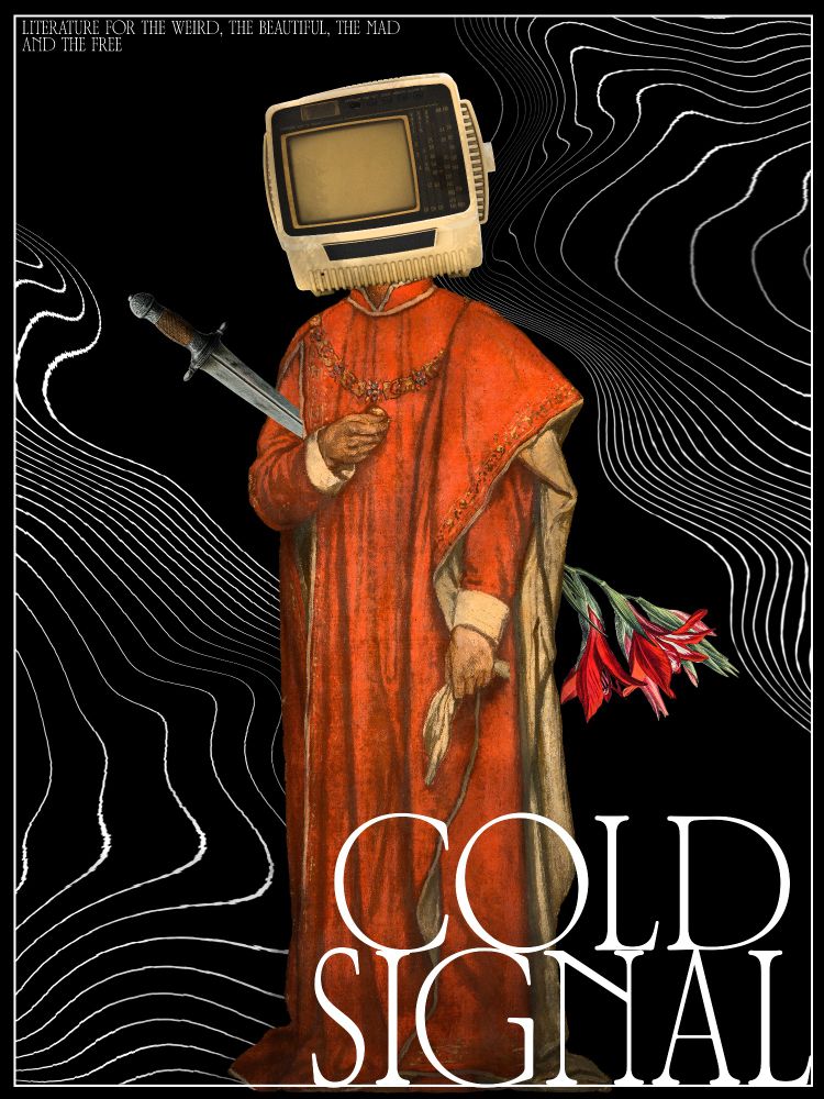 cold signal: "literature for the weird, the beautiful, the mad and the free"
a figure in a red robe with an old monitor for a head, pierced by a dagger, dripping a red sword lily like blood from his back, with strange white waves in the background over total black