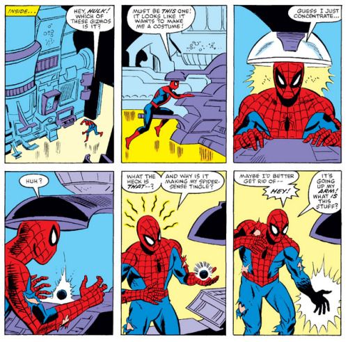A series of panels from Secret Wars #8, where Spider-Man sticks his head in a machine that he just decides it wants to make a costume, and gets a little black orb that clings to his body. Spider-Man, this is an alien world created by a cosmic being from beyond the multiverse. You don't know what anything does. Don't touch strange machines!