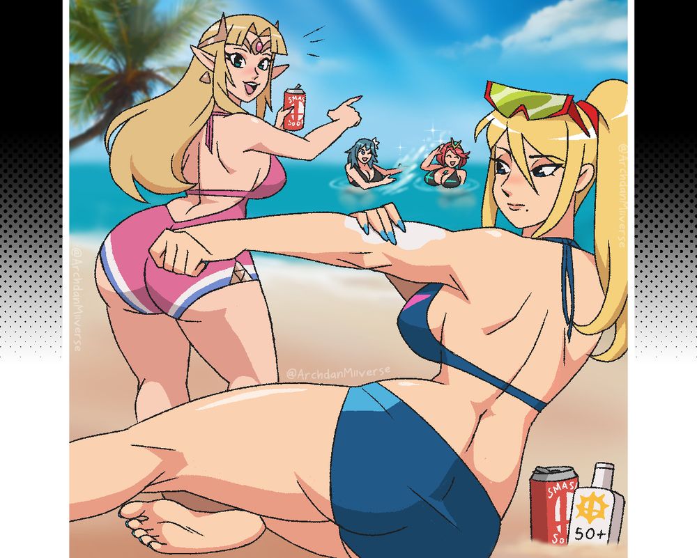 A Super Smash bros ultimate fan art. Zero Suit Samus from Metroid Prime
And Zelda from The Legend of Zelda enjoys the beach. Pyra from Xenoblade Chronicles 2 and Byleth from Fire Emblem enjoy a swim.