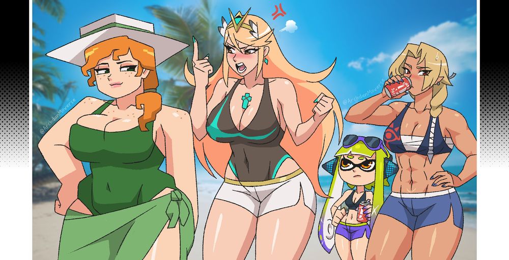 Mythra from Xenoblade Chronicles 2 is upset at Alex from Minecraft. Sheik from the Legend of Zelda Ocarina of Time and Agent 3 inkling from Splatoon are also there at the beach. A Super Smash bros ultimate fanart comic.
