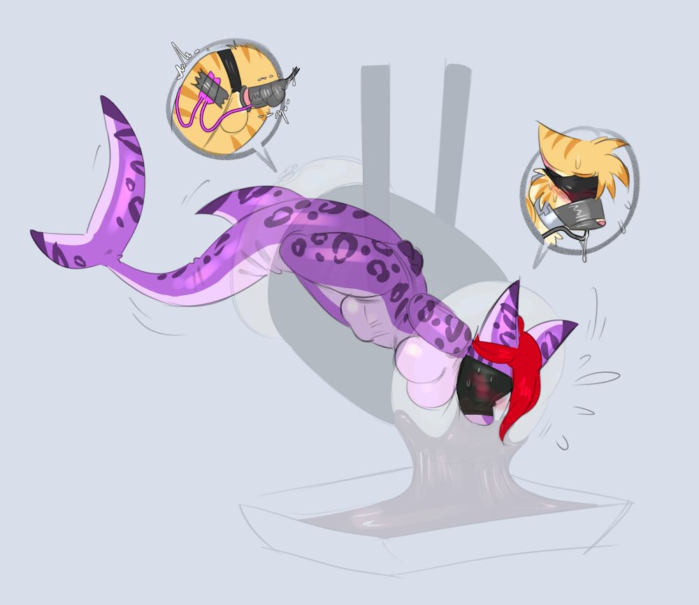 Alt showing the rubber shark femsuit. She has a blindfold on, arms and legs bound behind her, and her poor trapped host is gagged and getting vibed~