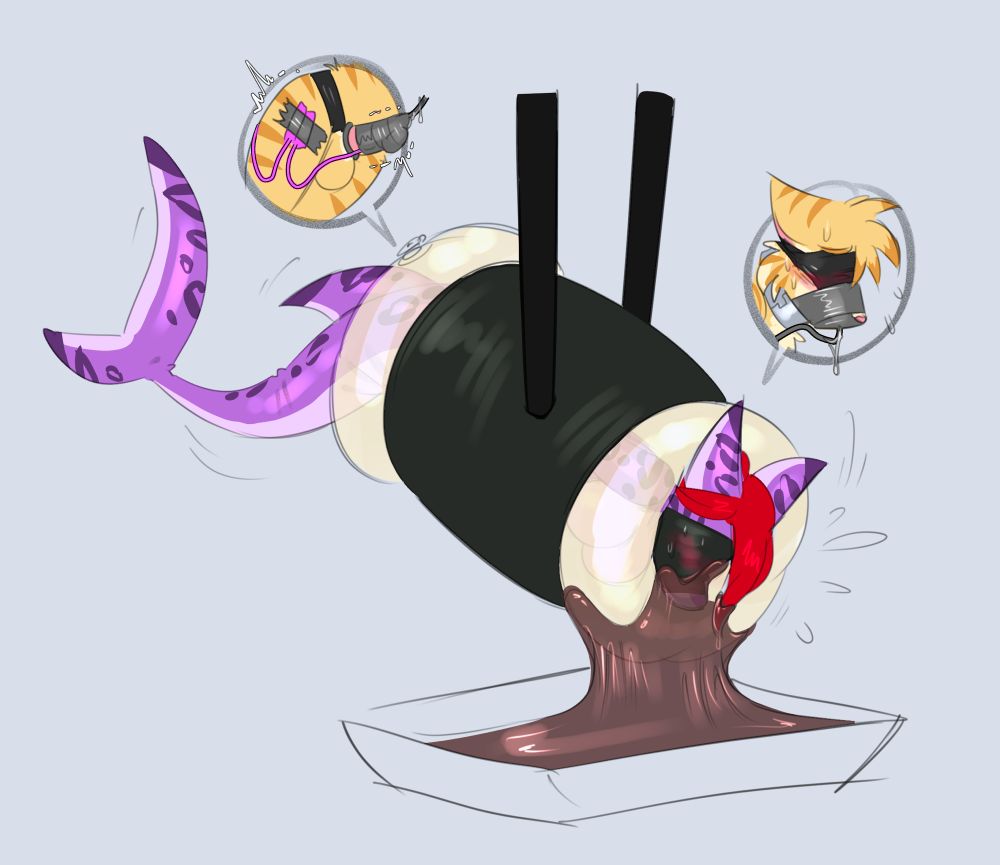 Gzi sealed in a rubber shark femsuit, and stuffed in an inflatable rubber sushi roll. The roll is being dipped into sticky rubber soy sauce by a large pair of chopsticks. 