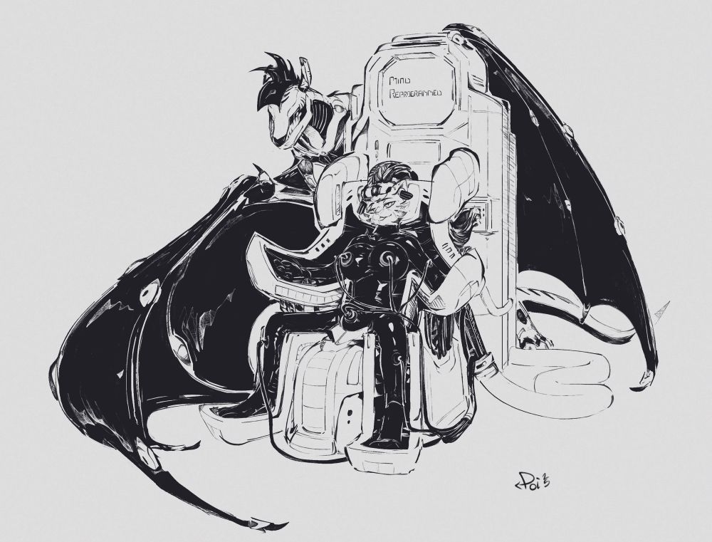 Gzi vac-sealed into a cybernetic brainwashing chair. Cables are connected to his limbs, bulge, a large pair of breasts, and a helmet on his head. His mind is thoroughly melted, brain reprogrammed into a processing unit for Seiko. Seiko is looming over him, ready to “use” her new computer for whatever nefarious purpose she desires~ (probably playing Doom)