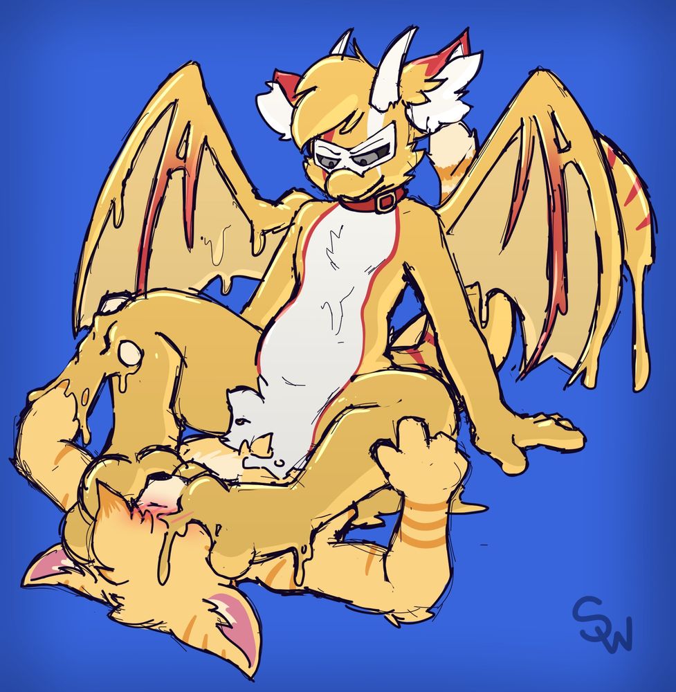Gulby sitting on Gzi, smushing his gooey toe beans into Gzi’s face and melting onto his hand and torso. 