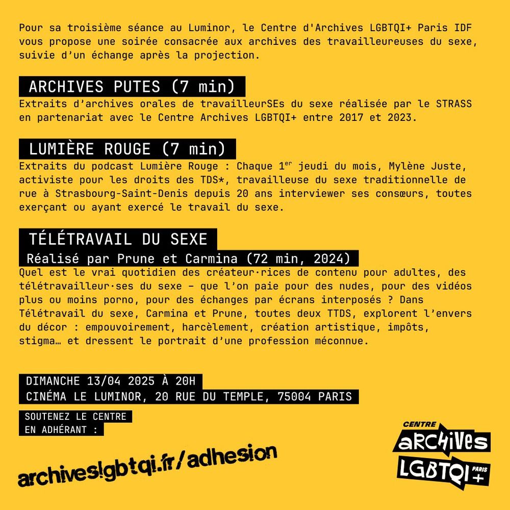 Suite du programme de la soirée Archive TDS organisée par le centre Archives LGBTQIA+ de Paris, au cinéma Luminor ce dimanche à 20H