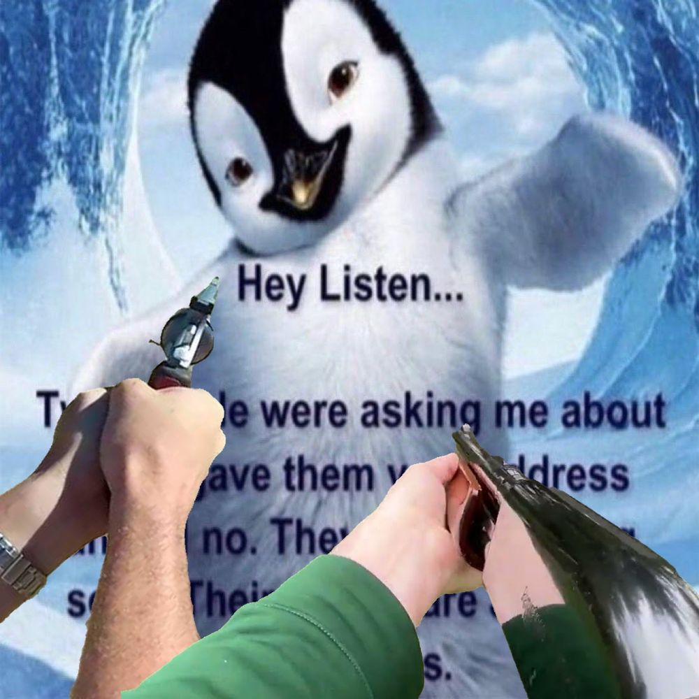 The "two people were asking me about you, i gave them your address and tel. no. They will be visiting you soon. Their names are Joy and Happiness" meme penguin looking smugly forward but with two sets of hands holding guns pointed at it. 