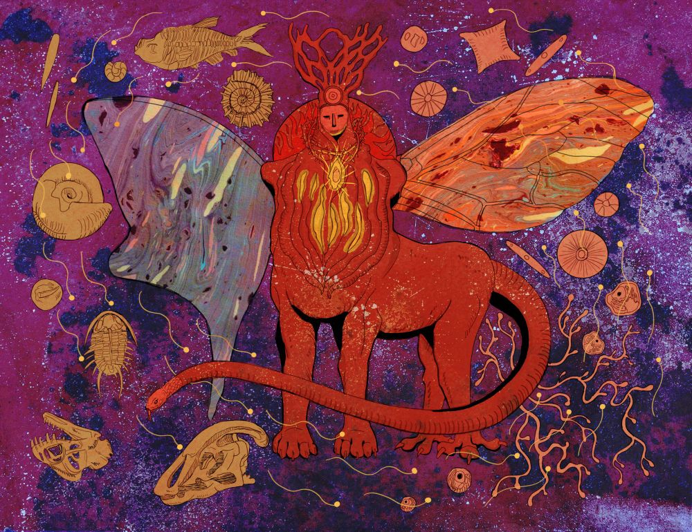In the center there is a figure with a humanoid face and a bestial / chimeric body. Two wings come out from the sides of the figure that have a flowing and colorful texture. To the left of the figure are ancient fossils from different geological eras of Earth. To the right side of the figure are living cells of differing varieties.