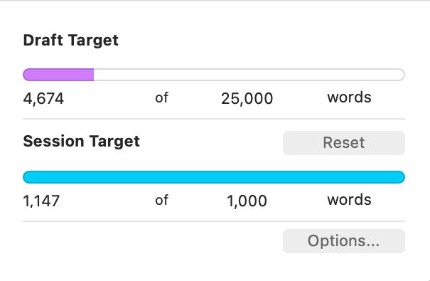 Screenshot of Scrivener project target goals with colored lines charting progress.

Draft target: 4,674 of 25,000 words, represented by a purple line about 15% of the way through

Session target: 1,147 of 1000 words, represented by a complete blue line