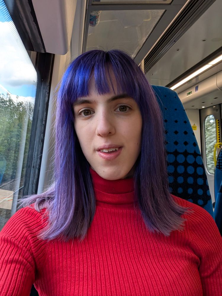 a selfie. i'm sat on a train. behind me there is a blue seat. my hair is purple, straight, and shoulder length with a fringe. i'm wearing a red turtleneck top. on the left of the image is a large train window with greenery visible outside. above and to the right is the ceiling and door of the train. 