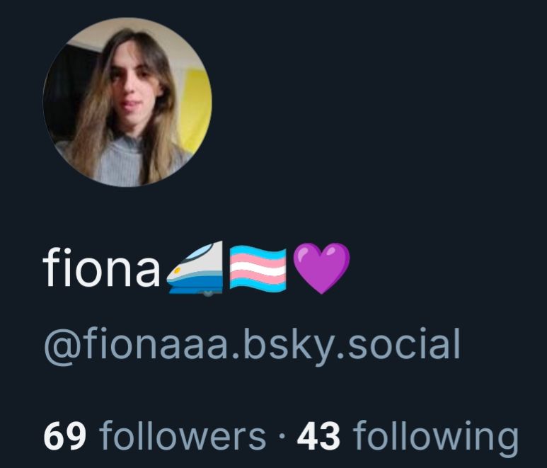 a screenshot of my profile on bluesky, showing my profile picture at the top, my display name below that, my username (or tag, or whatever it's called) below that, and then at the bottom "69 followers • 43 following"