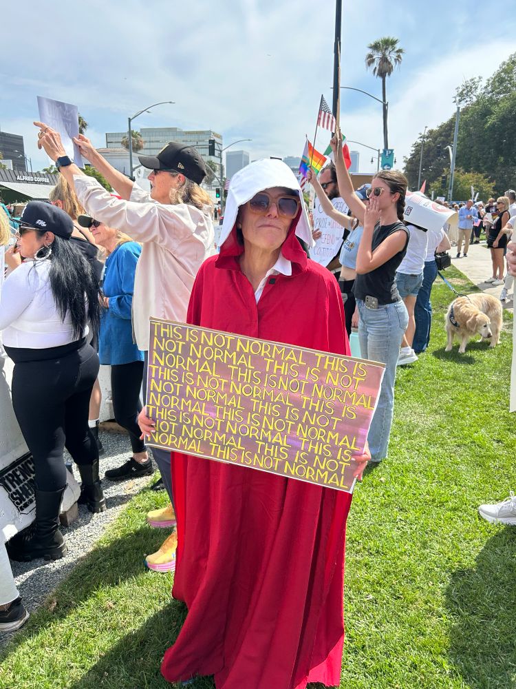 No Kings protest. Handmaid holding sign saying, “This Is Not Normal”.