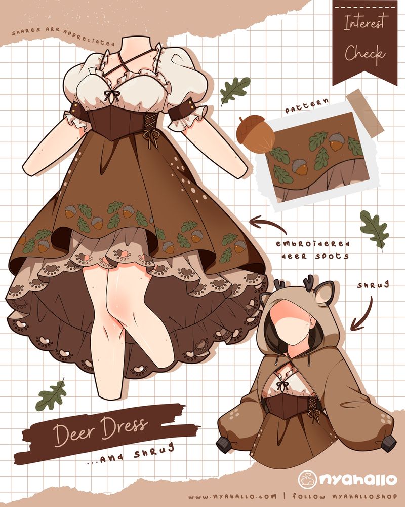 Illustration of a brown cottagecore-style dress and matching shrug themed around deer and forest elements. The dress features embroidered acorns and oak leaves along the hem, with scalloped lace and deer spot details. The shrug has deer ears on the hood and spot patterns on the sleeves. A small fabric swatch shows the embroidery pattern. The image is labeled “Interest Check” and “Deer Dress and Shrug” with branding for Nyahallo at the bottom.