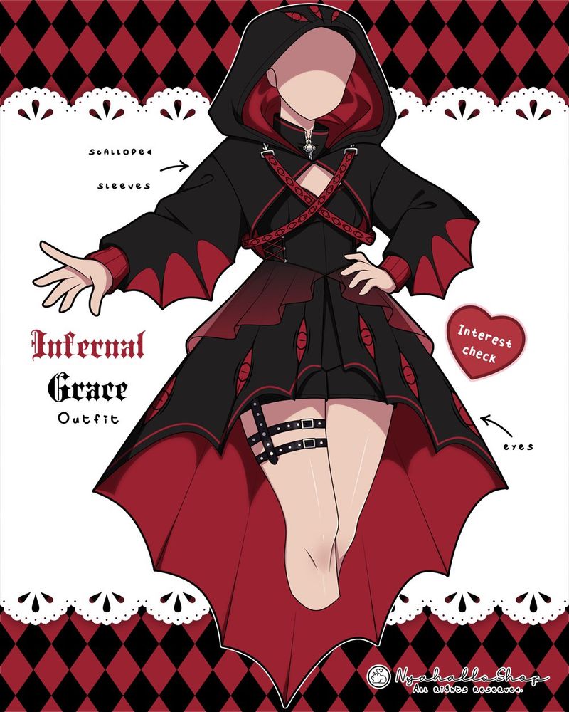 Illustration of a gothic outfit called “Infernal Grace.” The outfit features a black hooded cloak with scalloped red-lined sleeves, a red criss-cross chest harness, a layered bat-wing skirt with red eye details, and black thigh straps. The background includes red and black harlequin diamonds and lace accents.