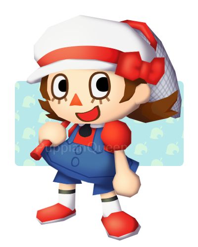 2D art of Lyra from Pokemon, in the style of Animal Crossing City Folk's human characters. She's standing at an angle, holding a bug net and smiling at the viewer. The art is shaded to mimic the game's promotional 3D renders. The background is mostly white, except for a light green rectangle with repeating leaf icons in the center.
