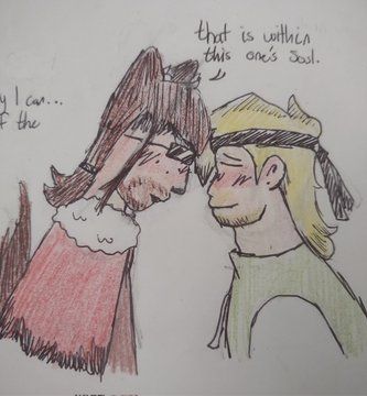 Rendog and Martyn Inthelittlewood with their foreheads close to eachother, both blushing with Ren saying "that is within this one's soul."