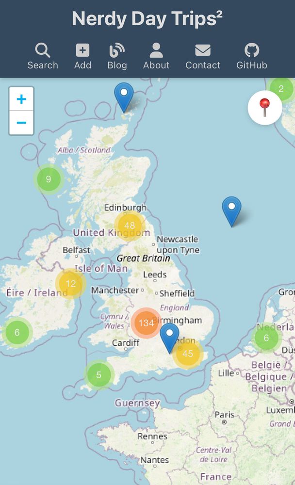 As screenshot of the Nerdy Day Trips website, showing a map and some pins
