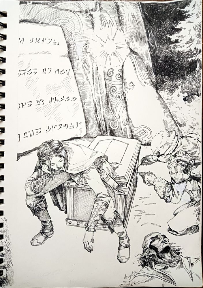 An inked sketchbook page depicting the interior of a Skyrim barrow, with a word wall on the far left and three figures in front of it, to the right. A waterfall and pine tree can be seen in the background. Serana sits of the side edge of a chest, her legs planted wide and both elbows on her knees, with her face propped up on her right fist. Teldryn Sero, in full chitin armour with his face covered, is picking the lock on the chest, with multiple broken lockpicks on the ground beneath him. A dunmer in Savos Aren's arch-mage poncho is visible from the shoulders up at the bottom of the page between Serana and Teldryn, lying supine on the the floor with a defeated/despairing expression. 