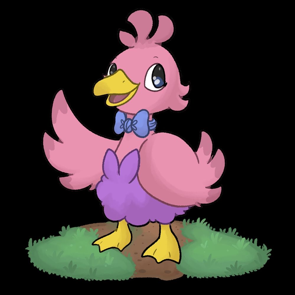 Haru the Ducklett, a pink duck like Pokemon (they're usually light blue, the pink coloration is the Shiny Variant). She's waving at you.
Haru wears a blue bowtie around her neck.