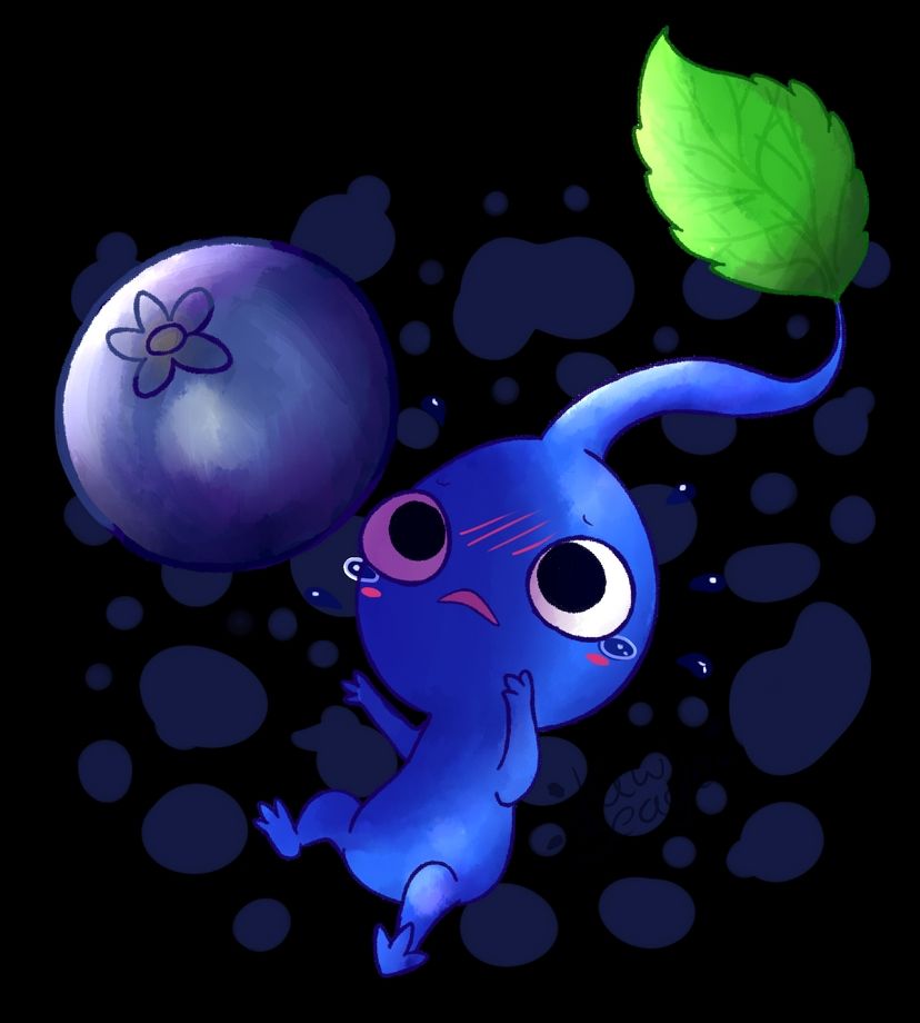A blue Pikmin, plant-like creatures with a leaf in its head. The Pikmin looks a bit scared, as it tries to catch a blue berry.