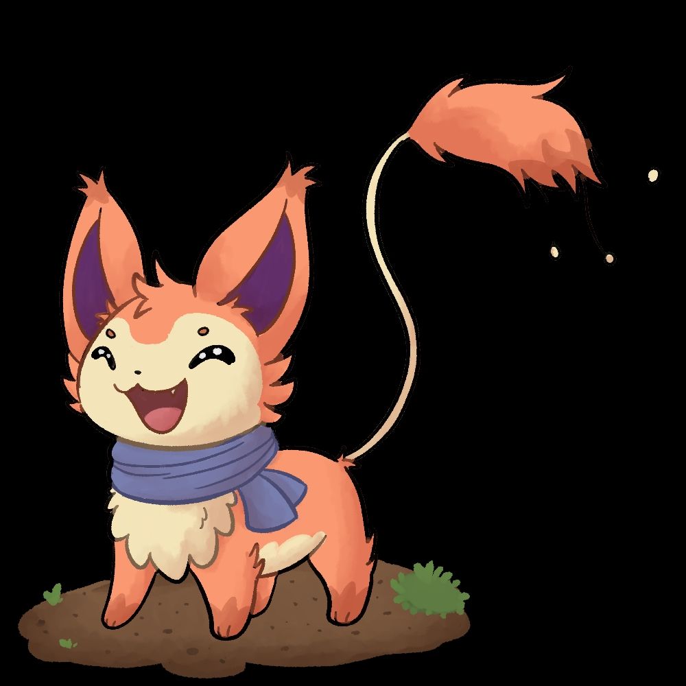 Mao the Skitty. A pink cat like Pokemon. The eyes are closed and He has a big Smile. He wears a blue scarf.