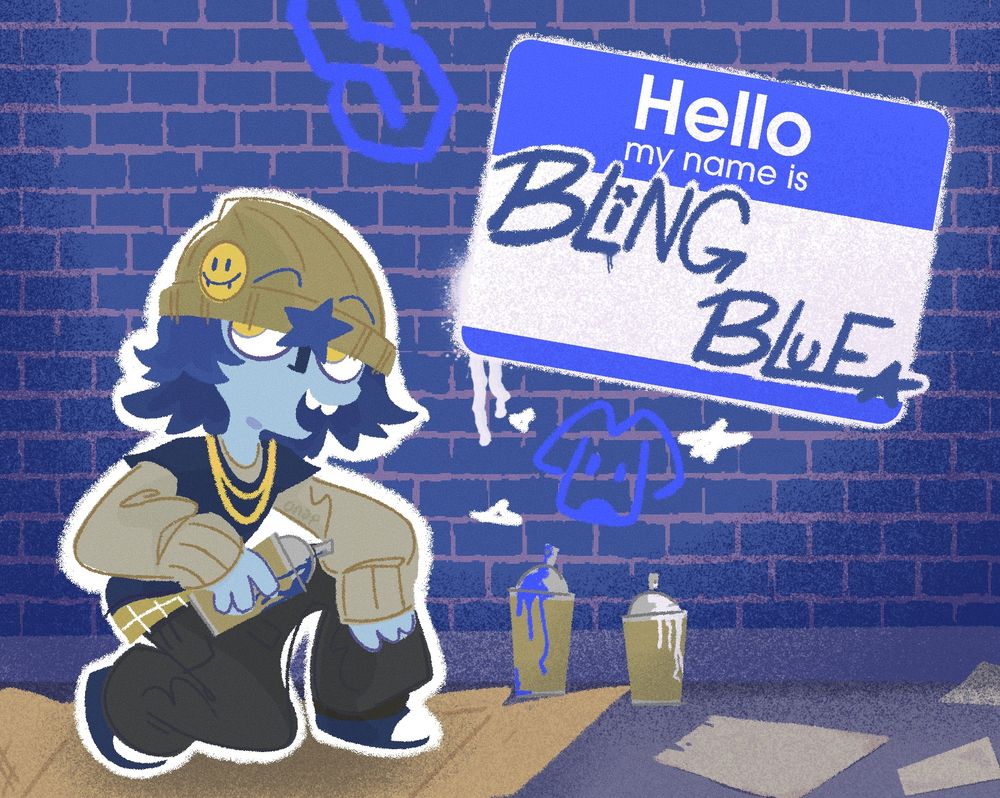 A pic of a very blue guy Bling Blue in front of a graffiti tag with his name and some other sprays. There are some used cans around.