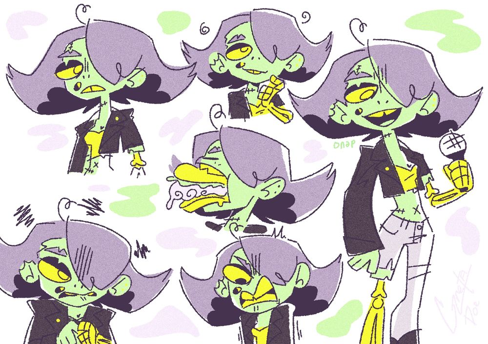 Greta Doe, the zombie singer in a variety of expressions and poses.