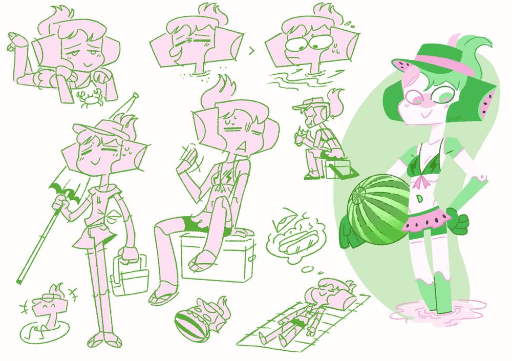 Various lay leighs in a watermelon beach themed outfit doing various things on a beach