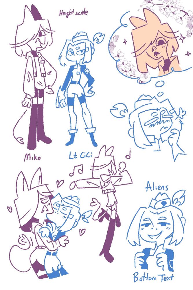 Quick reference doodles of Miko and Lt Cici including Cicis crush, smooches, and height chart