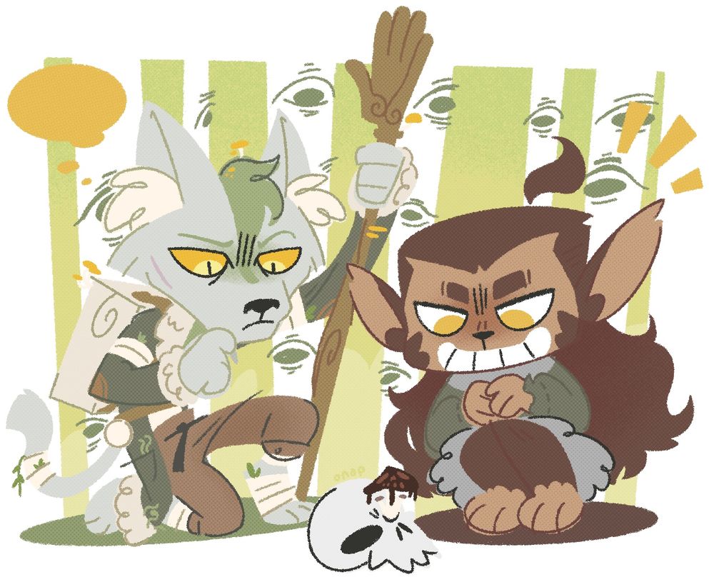 A cat Magpie and a deer woman Doe look at a skull with a strange mushroom growing from its eye with different expressions of curiosity and mischief 