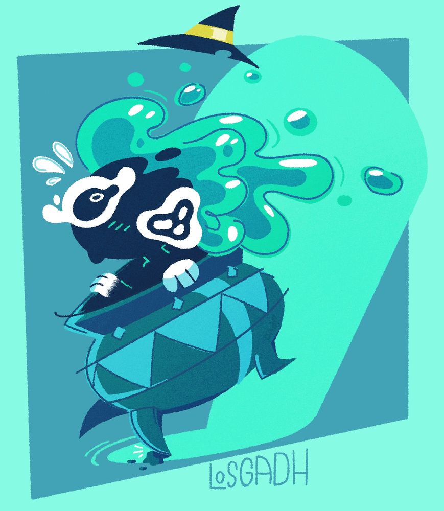 An image of Losgadh, a melty water witch who moves around in a cauldron. In the image they are mid stride and trip on a small rock.