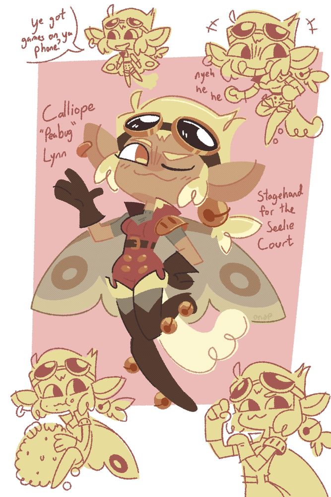 Ref sketch sheet for Calliope Lynn, a pixie stagehand for the Seelie court. She is surrounded by simple doodles illustrating more personality and her mischievous nature