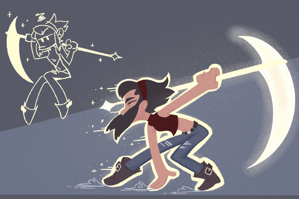 Ellis a reaper, skids against the ground in a super cool three point landing as if they had just been blown back by some impact. Also a simple sitting doodle of them grumpy with their scythe.