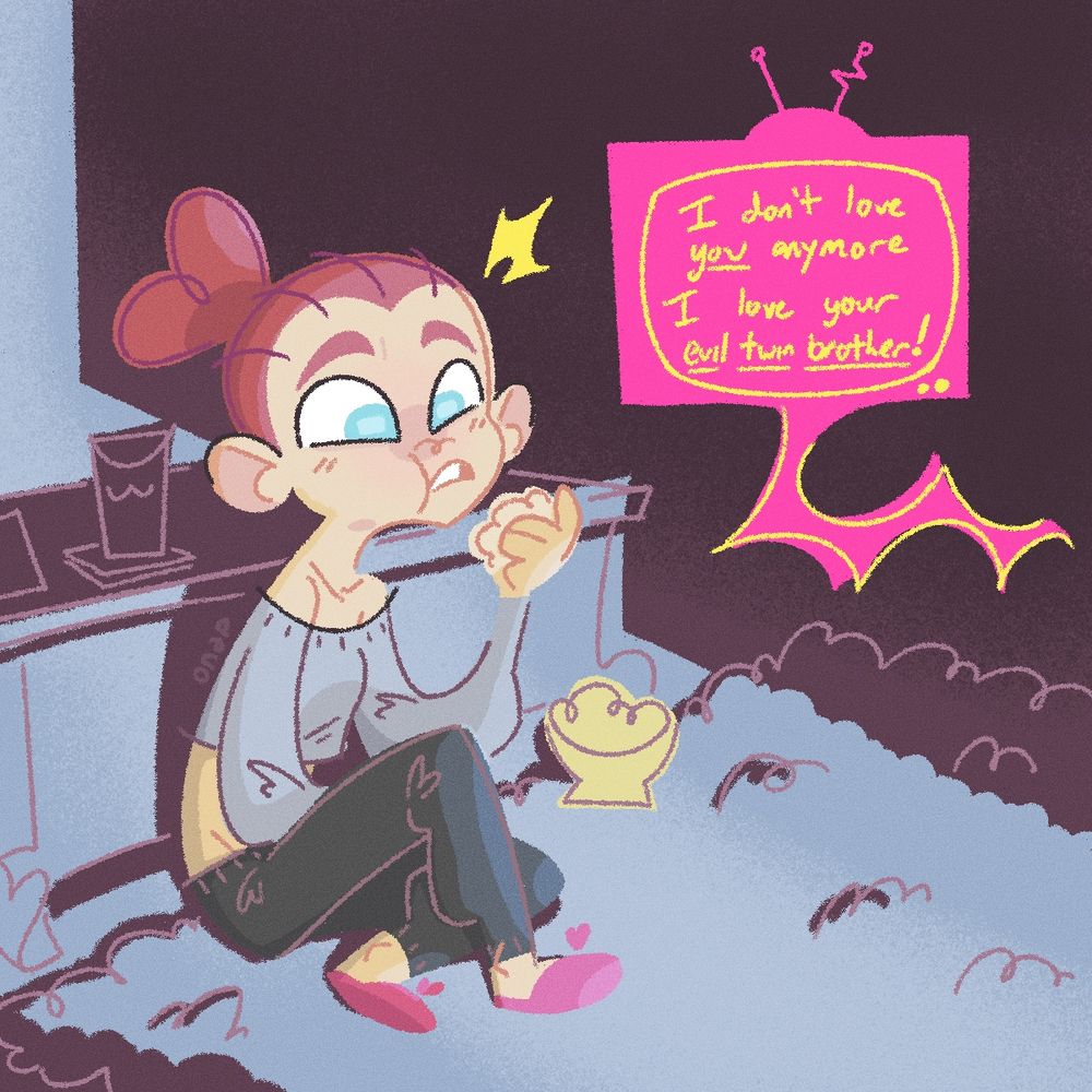 A pink haired woman Wicky with heart motifs watches a soap opera while eating popcorn in a dark room, he is surprised by the twist.