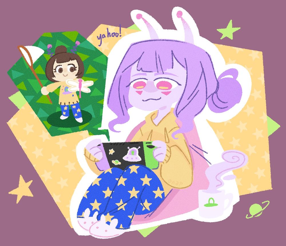 An artfight drawing of Ierla, a pink alien in pjs playing animal crossing