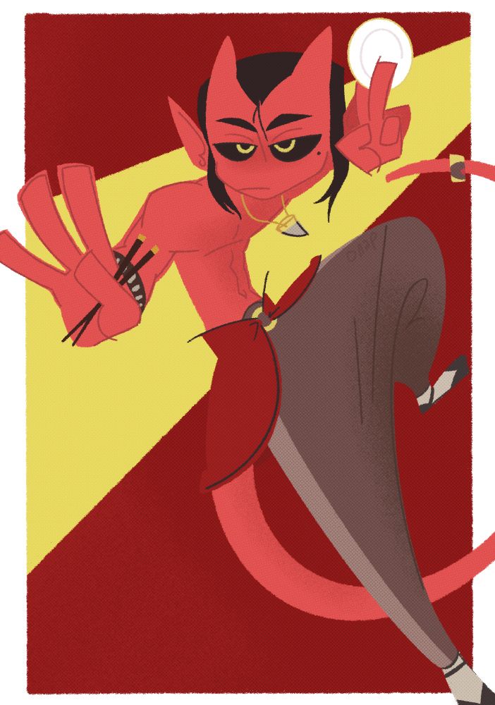 A drawing of Red, a red skinned cambion about to toss a dish at you mid meal