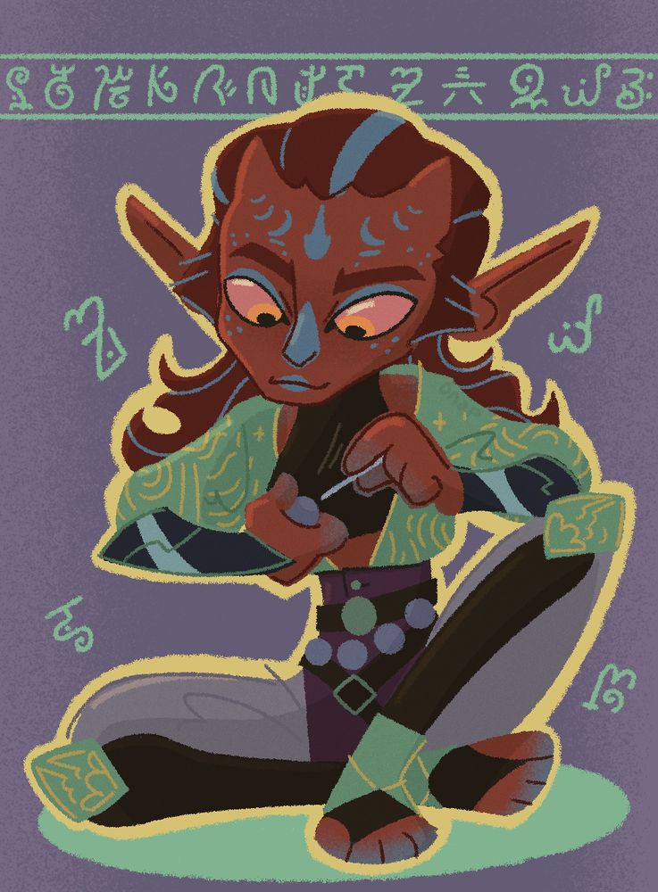 Nisha the hobgoblin cleric carving a bead with various runes surrounding her.