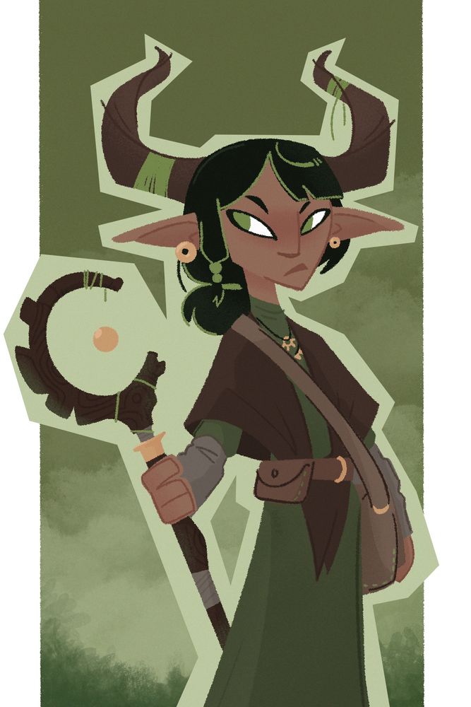 A mysterious herbalist Maeryll standing with a staff in front of a nondescript green background 