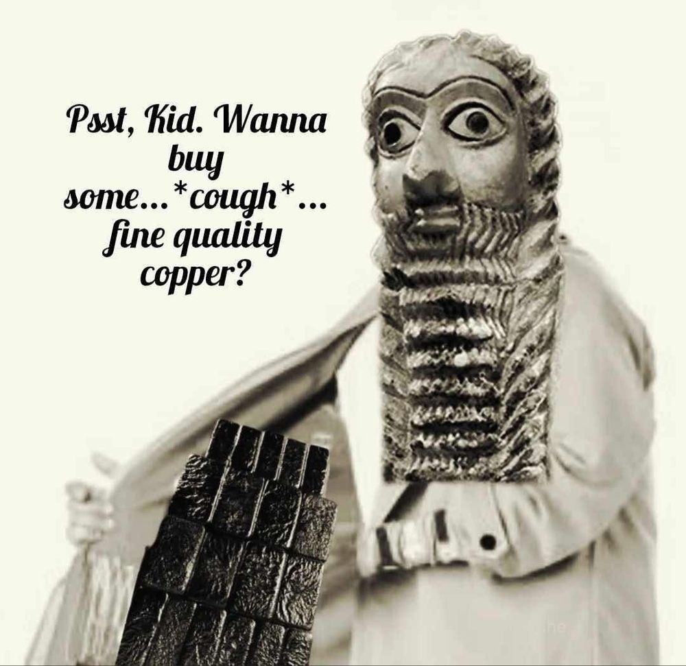Ancient Mesopotamian figure wearing a trench coat, saying “Psst, Kid. Wanna buy some… *cough* … fine quality copper?”