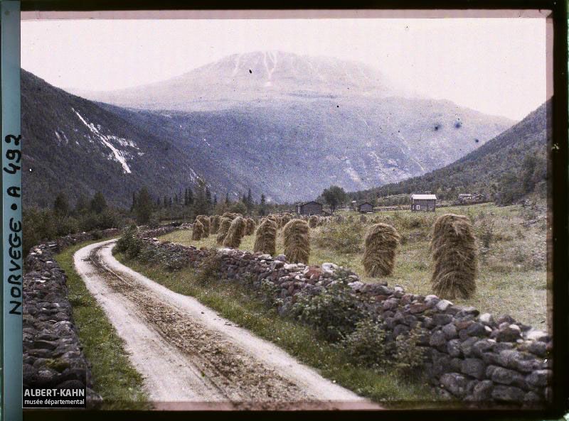 A two track road bends to the right as it descends into a valley. Fringed by gray stone walls both sides, a line of haystacks each about 3 m tall, stands behind the stone wall to the right of the road. In the distance, farm buildings, the pointed forms of spruce trees, and the gray hulk of a stony mountain streaked with white near its summit, which is barely discernible from the white mist of the heavans. Photo by Auguste Léon, captured 6 September, 1910, Près de Saaheim, Norway.