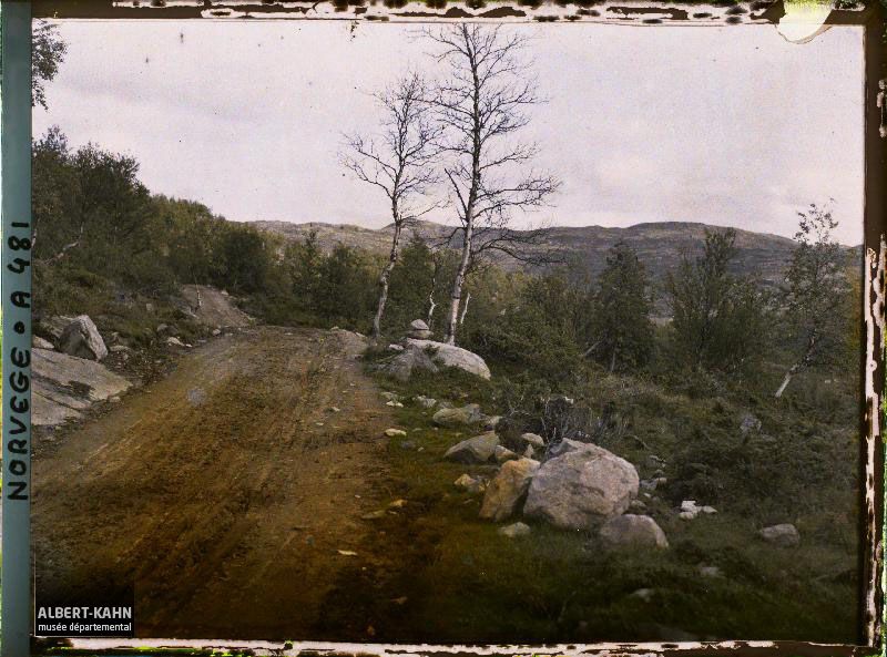 A dirt road across rocky ground, gray boulders strewn to the right, a large boulder or ledge rises to the left. Grass grows in the foreground, small trees dot the landscape, and a clump of three or four birches, barren of leaves, stands to the right of the road at the crest of a low rise. A gray sky hovers over a backdrop of irregular terrain, low hills mottled in dark green and gray. Photo by Auguste Léon, captured 5 September, 1910, Près de Rjukan, Norway.