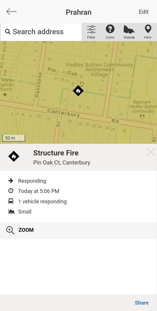 The Vic Emergency app showing a structure fire in Pin Oak Ct in Canterbury