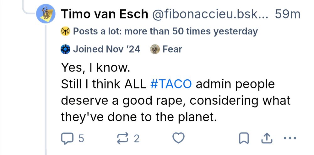 Timo van Esch @fibonaccieu.bsk..

Yes, know.
Still I think ALL #TACO admin people deserve a good rape, considering what they've done to the planet.