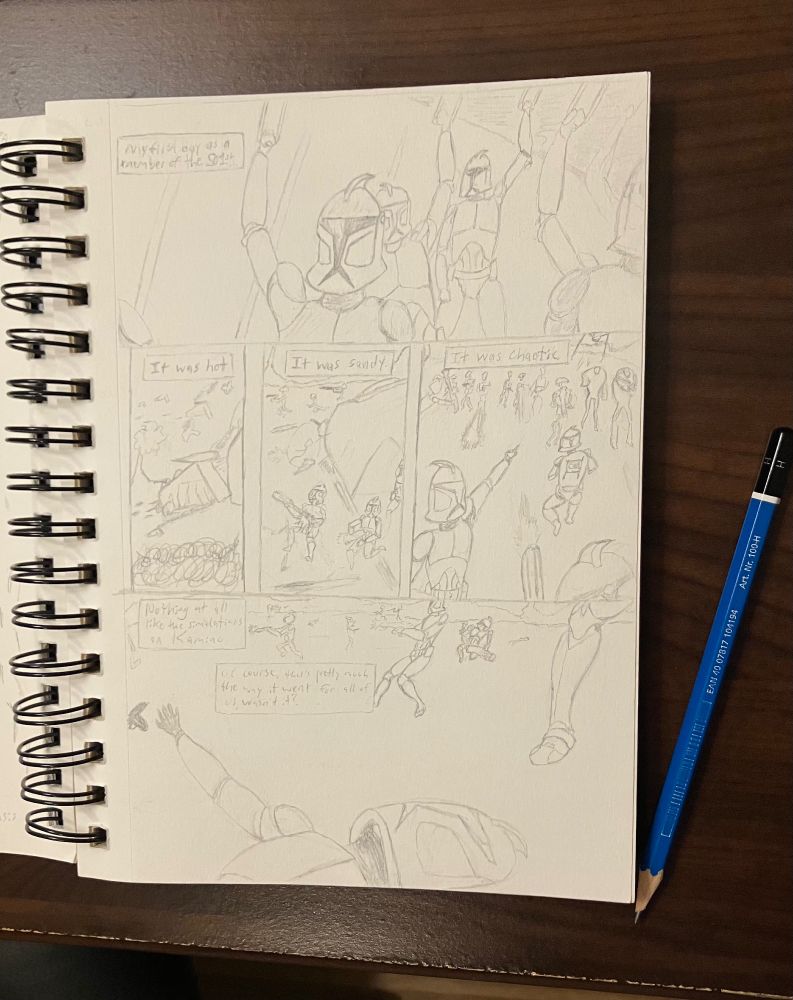 Comic of clone troopers in a battle against battle droids on a desert planet. Panel one says “My first day as a member of the 501st.”
Panel two says “it was hot.”
Panel three: “it was sandy.”
Panel four: “it was chaotic.”
Panel five says “Nothing at all like the simulations on Kamino. Of course, that’s pretty much the way it went for all of us, wasn’t it?”