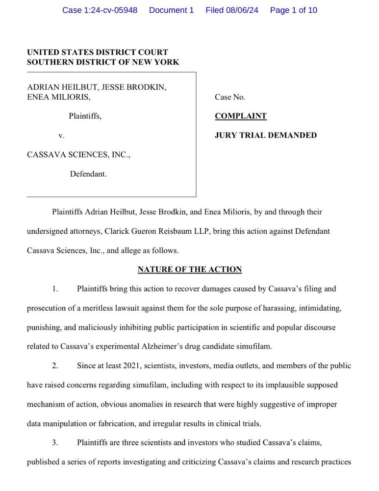 First page of Heilbut v Cassava sciences complaint

https://storage.courtlistener.com/recap/gov.uscourts.nysd.626057/gov.uscourts.nysd.626057.1.0_1.pdf