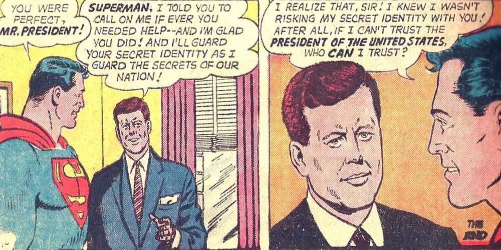 Superman in the 60's sharing secrets with JFK. 