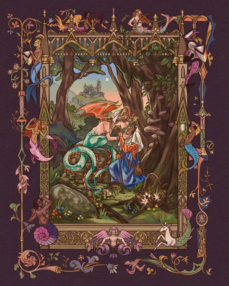 Melusine with 2 tails and wings is sitting on the on the edge of the well in the forest and reaches out to kiss a women who is kneeling in front of her. Illustration has an ornamental frame like in medieval illuminated manuscripts decorated with mermaids in pride flag’s palettes 