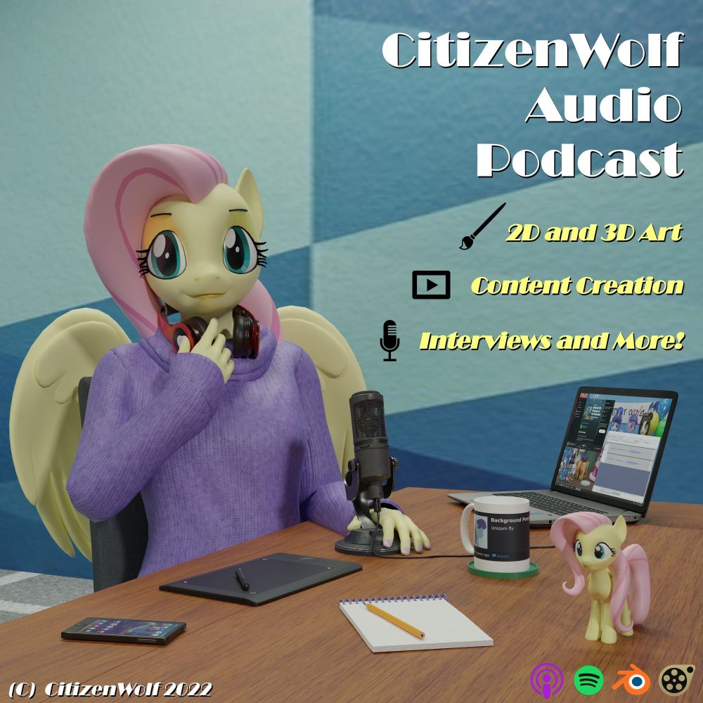 Titecard of my podcast. Depicting an anthro fluttershy holding a microphone with a laptop on the table. She is wearing a purple sweater and has a pair of heasphones around her neck.