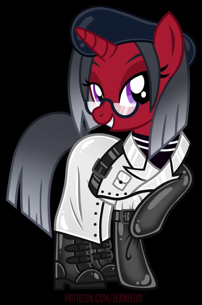A cartoon illustration of Synthetic Obscurity, depicting a red unicorn pony wearing a white coat, black boots and rubber hoof gloves. She is also wearing a beret and half moon glasses. Art is by Jennie00